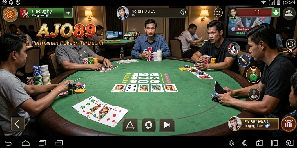 Screenshot AJO89 menunjukkan momen seru permainan Poker dengan pemain yang bersemangat.