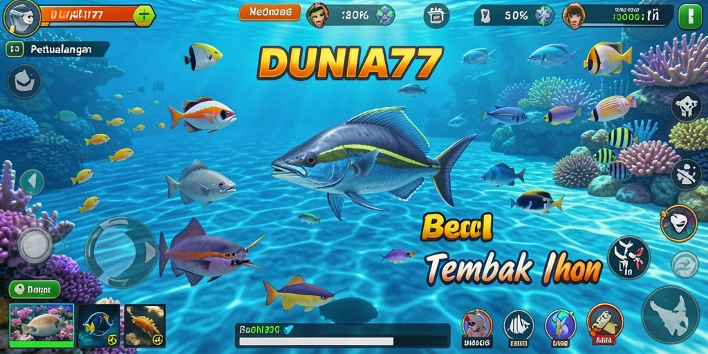 Tampilan gameplay seru dengan menembak ikan beragam di DUNIA77.