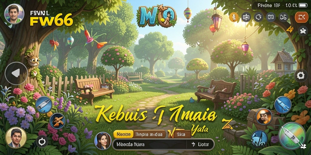 Gameplay FW66 menunjukkan kebun yang subur dan hewan ternak yang bahagia.