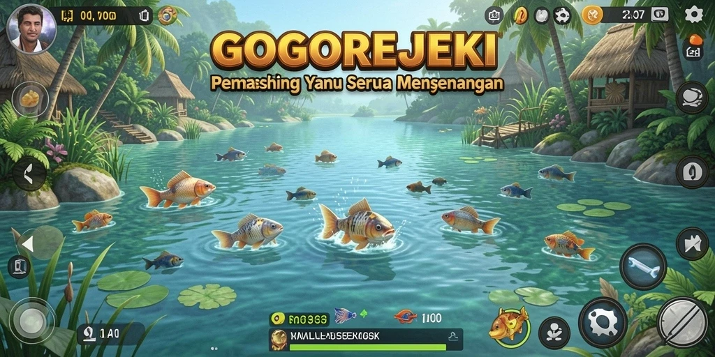 Screenshot GOGOREJEKI menampilkan aksi seru memancing di lokasi indah.