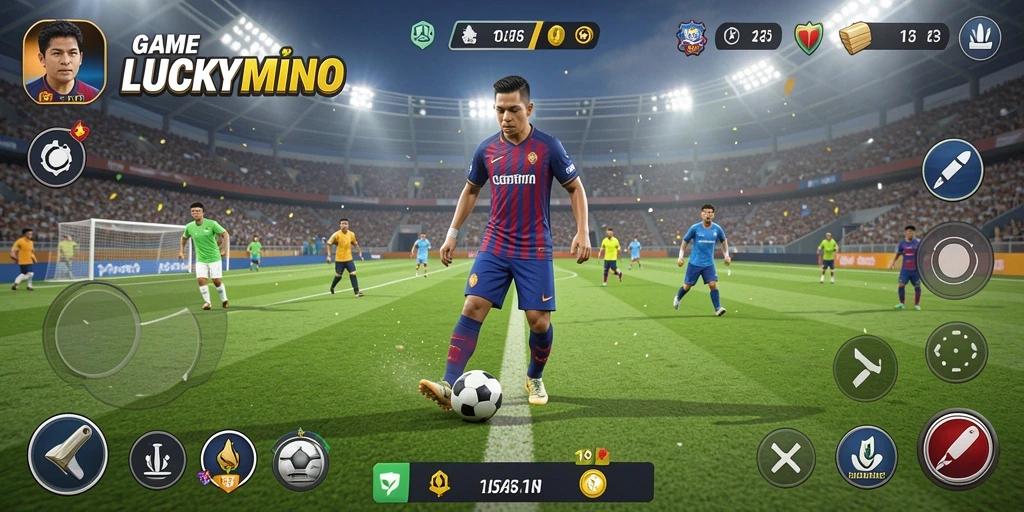 Screenshot LUCKYMINO menunjukkan aksi seru di lapangan sepak bola.