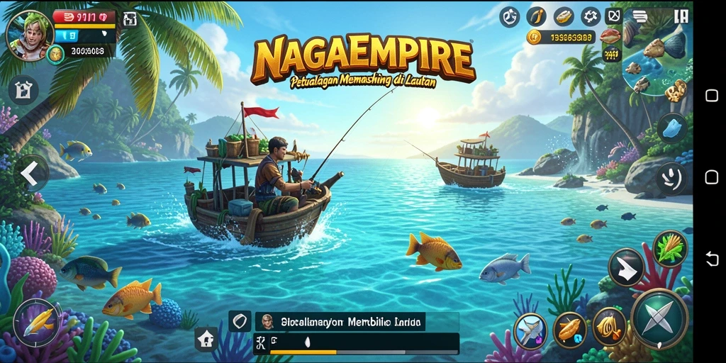 Screenshot NAGAEMPIRE menunjukkan pemain menangkap ikan besar di laut.