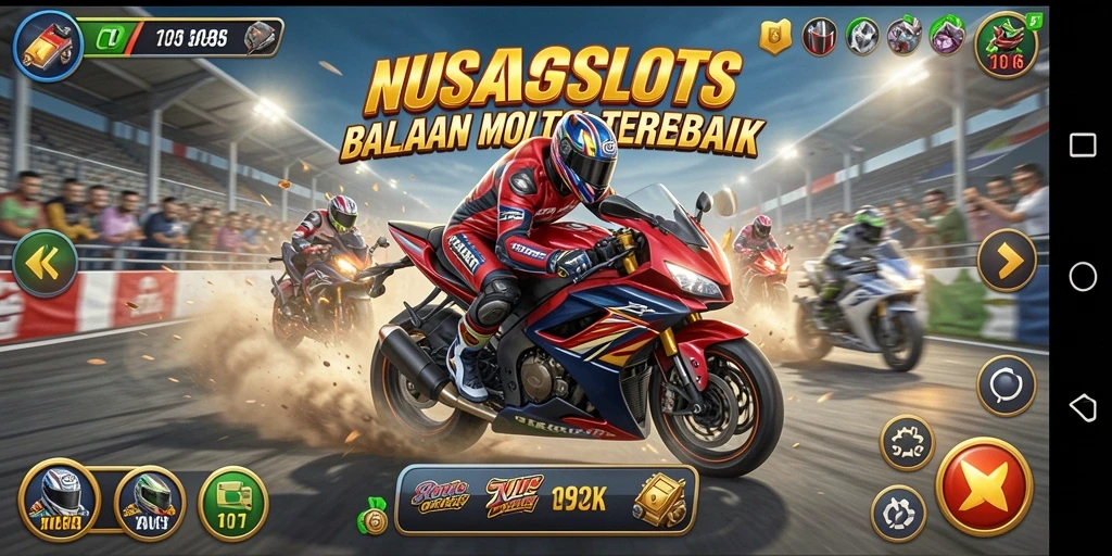 Gameplay seru NUSASLOTS dengan balapan motor yang menantang.