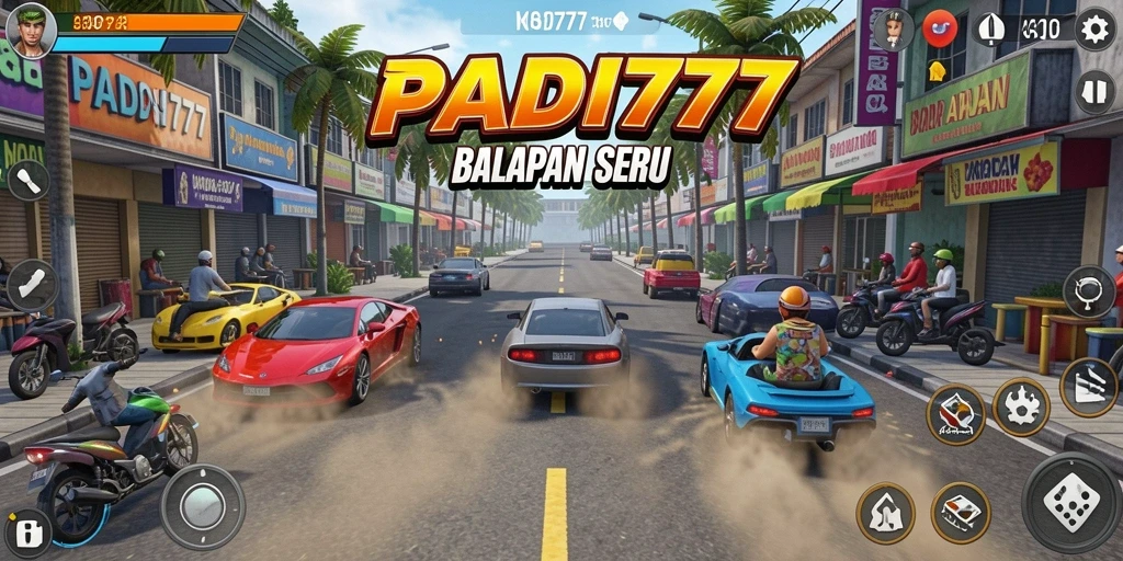 Tampilan gameplay seru dari PADI777 dengan berbagai kendaraan balap.