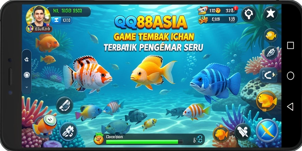 Gameplay QQ88ASIA yang penuh aksi menembak ikan berwarna-warni.