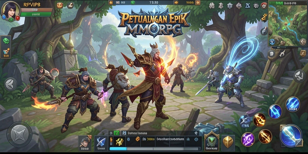 Screenshot gameplay RPVIP8 menunjukkan karakter menghadapi monster di dunia yang kaya.
